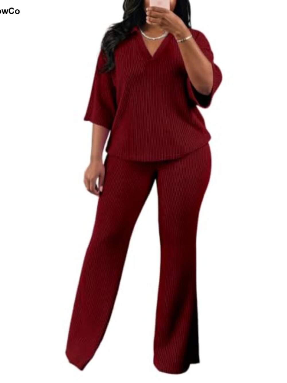 Ribbed Lounge Set Collared Batwing Top Wide Leg Pants 2 Piece - Picture 1 of 4